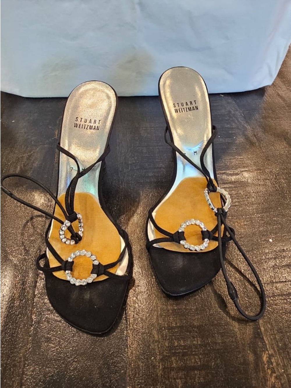 Stuart Weitzman Black Suede Crystal Ring Lace-Up Heels